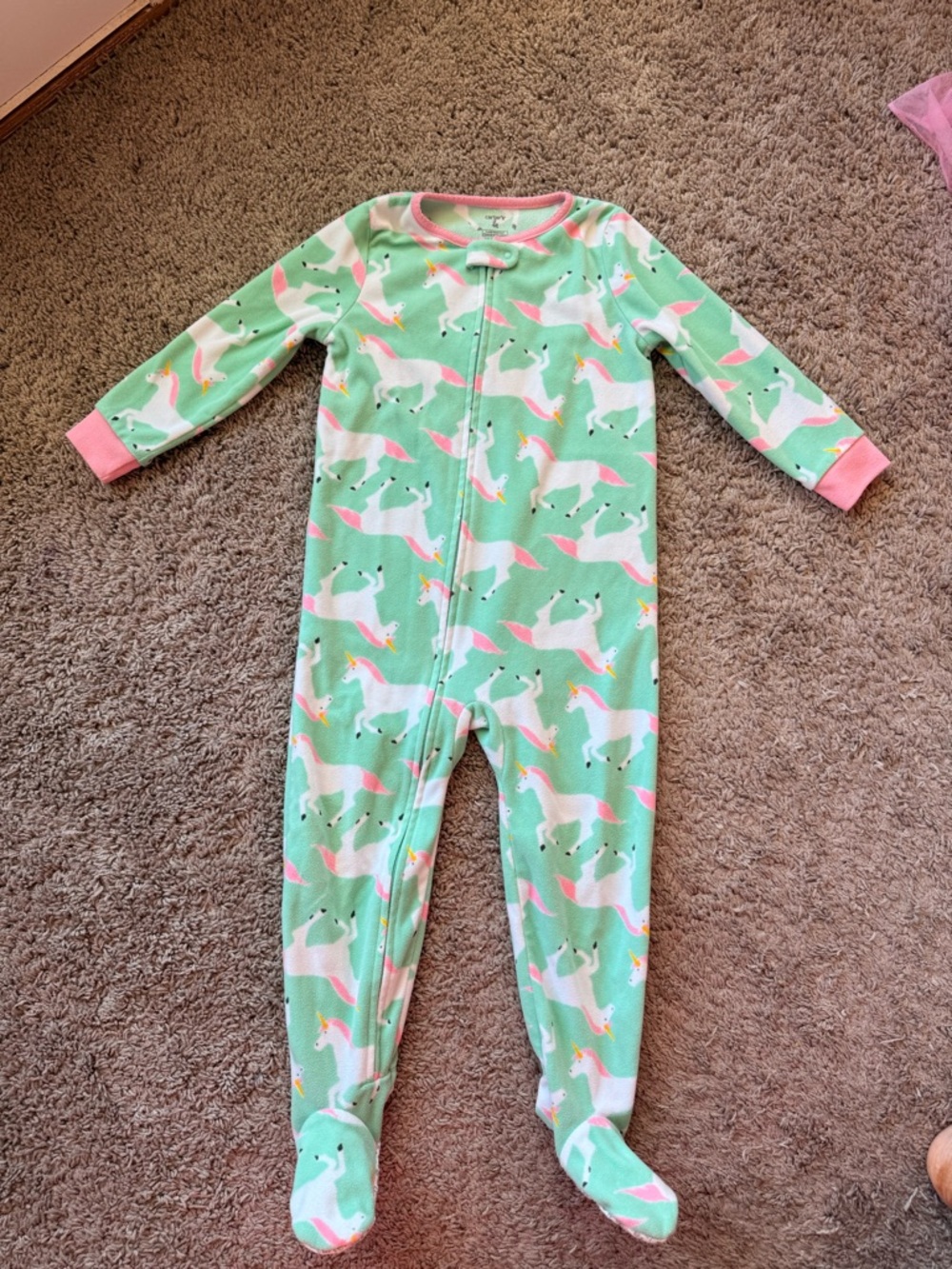 Carter's Mint Green Unicorn Footed One-Piece with Pink Trim